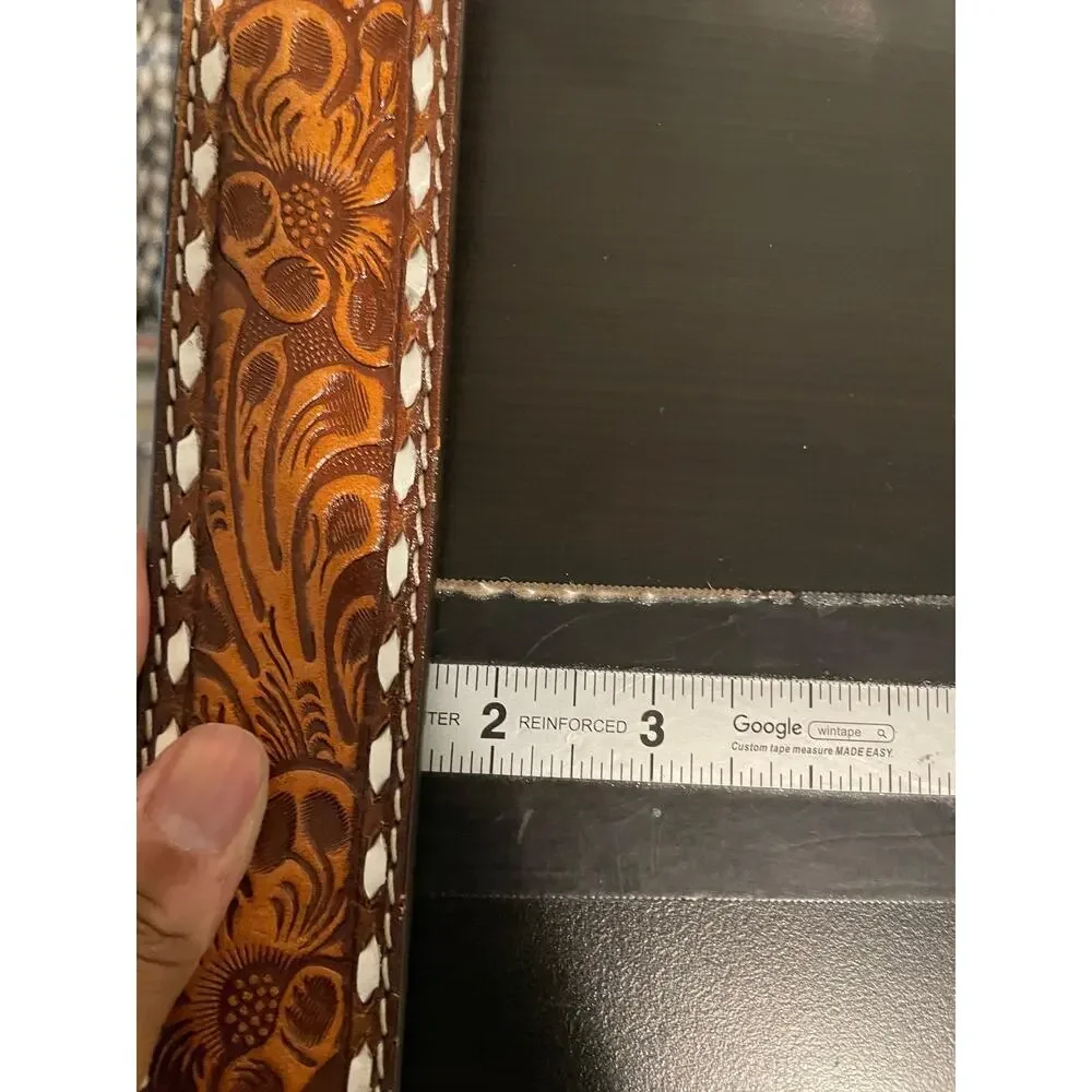 Western Belt Mens 44 Brown Leather Tooled Floral Name Juan No Buckle Cowboy READ